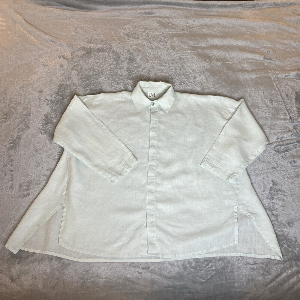 PLANET By Lauren G Shirt Womens OS Mint Green Linen Button Up Oversize Lagenlook